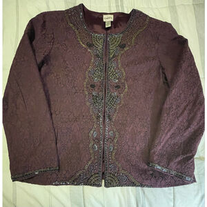 Chico’s Beaded Brocade Jacket Purple Metallic Embellished Open Front Size 2 L/XL